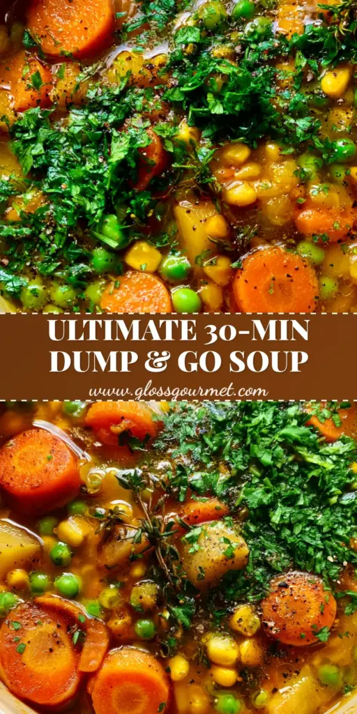 A close-up vertical shot of easy vegetable soup in a matte ceramic pot, showing vibrant green peas, orange carrots, and a glossy golden broth with steam rising.
