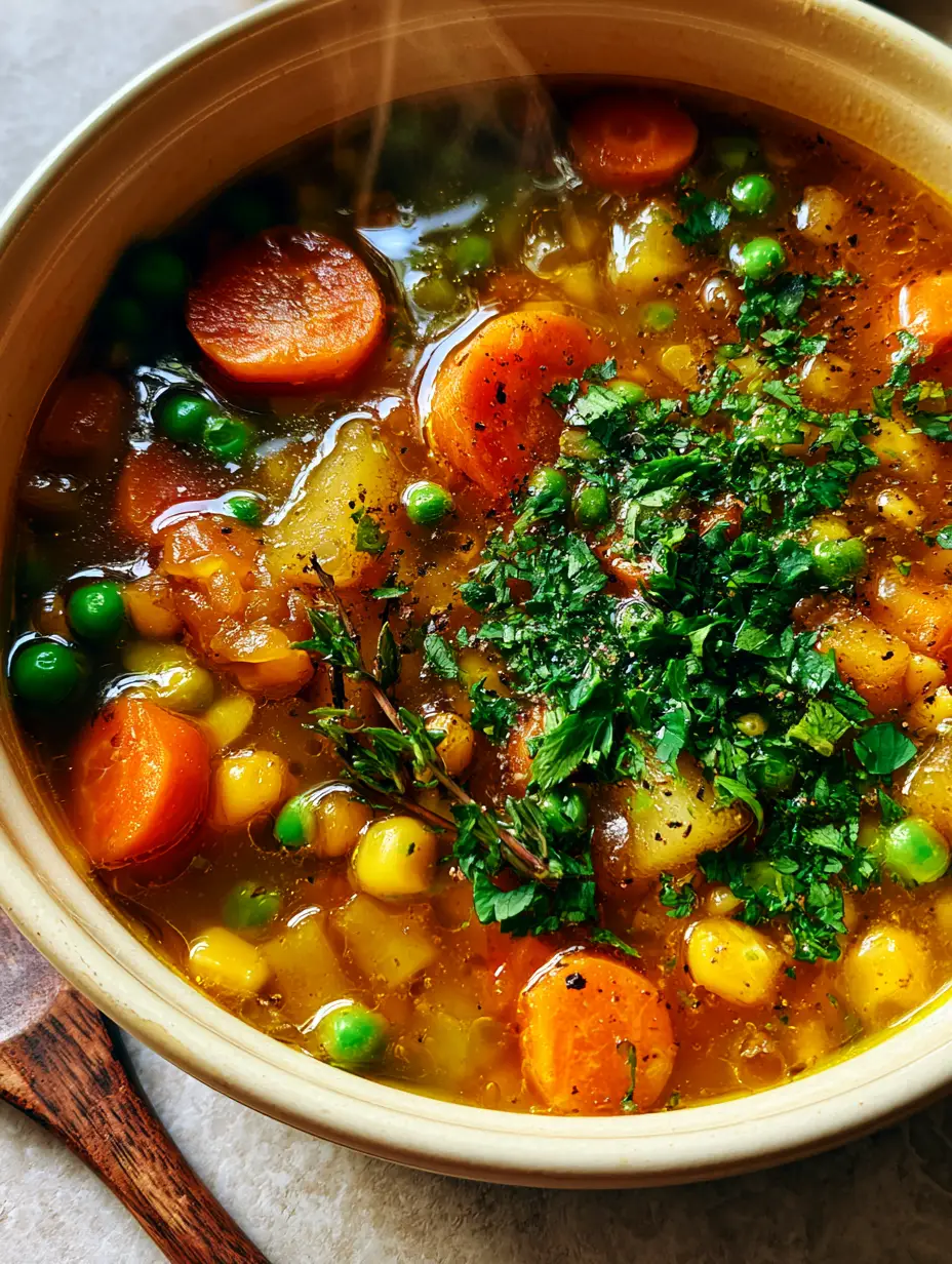 Top-down view of easy vegetable soup featuring golden corn, carrot rounds, and olive oil droplets in a cream Dutch oven.