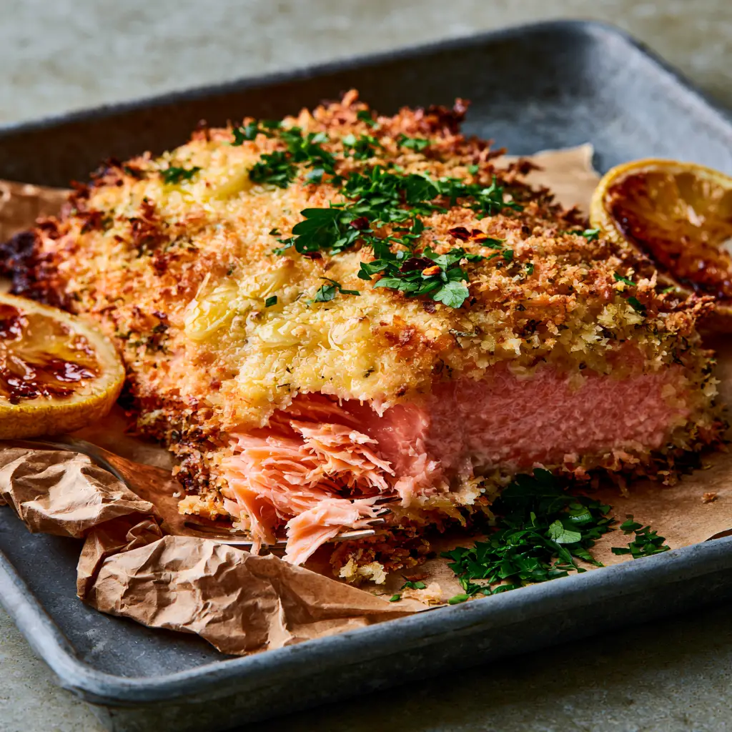Parmesan Crusted Baked Salmon with Garlic Butter and Panko 1 A center-cut salmon fillet with a heavy toasted herb crust and garlic butter droplets on a dark sheet pan. (Parmesan Crusted Baked Salmon)