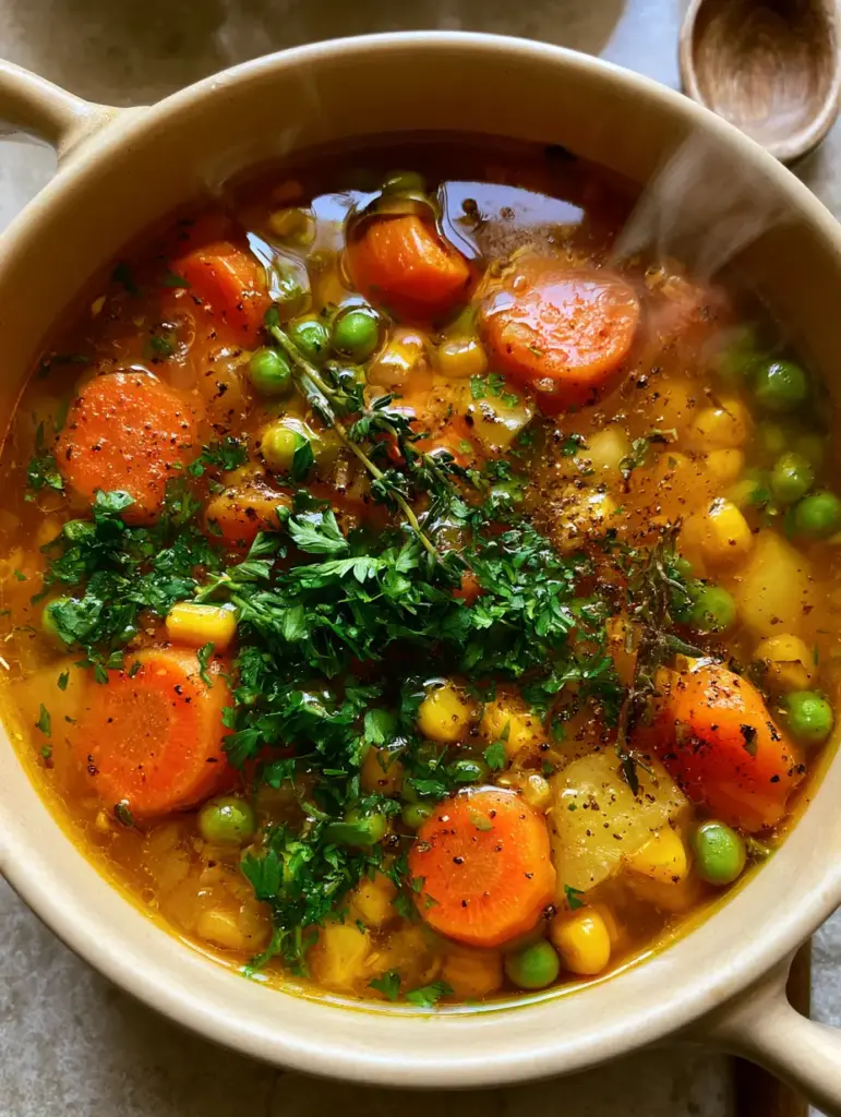 Slightly angled photo of hearty easy vegetable soup with steam wisps and cracked black pepper garnish.
