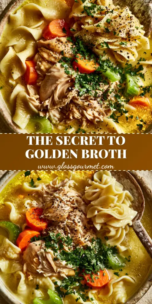 A rustic ceramic bowl of homestyle chicken noodle soup with glowing golden broth, wavy egg noodles, and shredded rotisserie chicken.