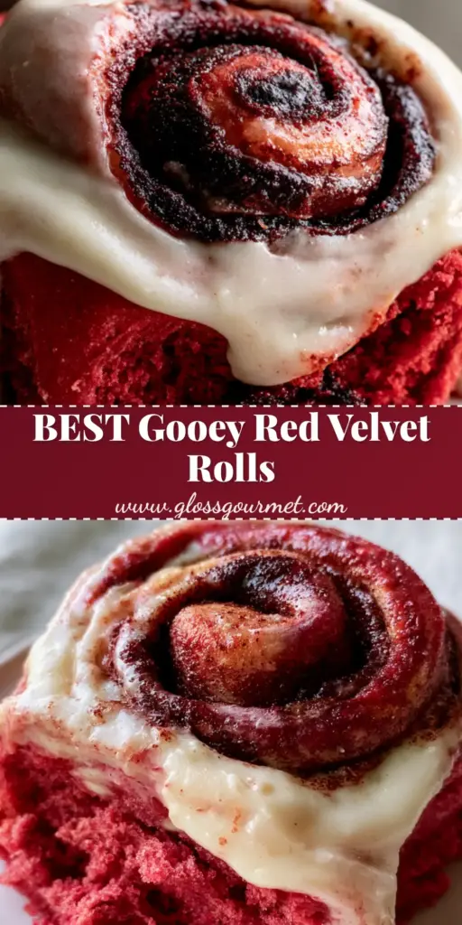 A close-up of vibrant red velvet cinnamon rolls in a pan, smothered in thick white cream cheese icing with dark cocoa spirals visible.