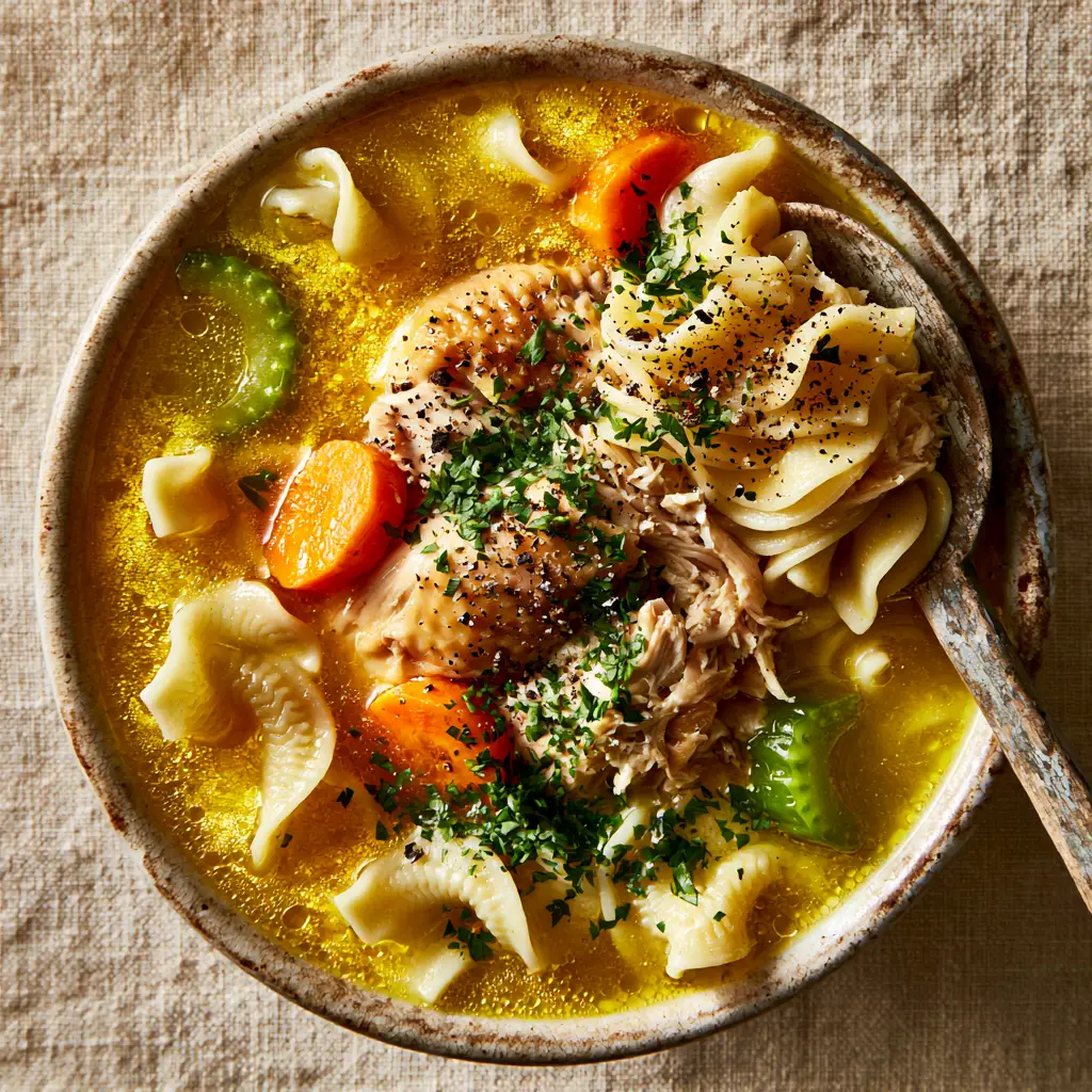 A wooden spoon lifting thick wavy noodles and shredded chicken from a bowl of homestyle chicken noodle soup.