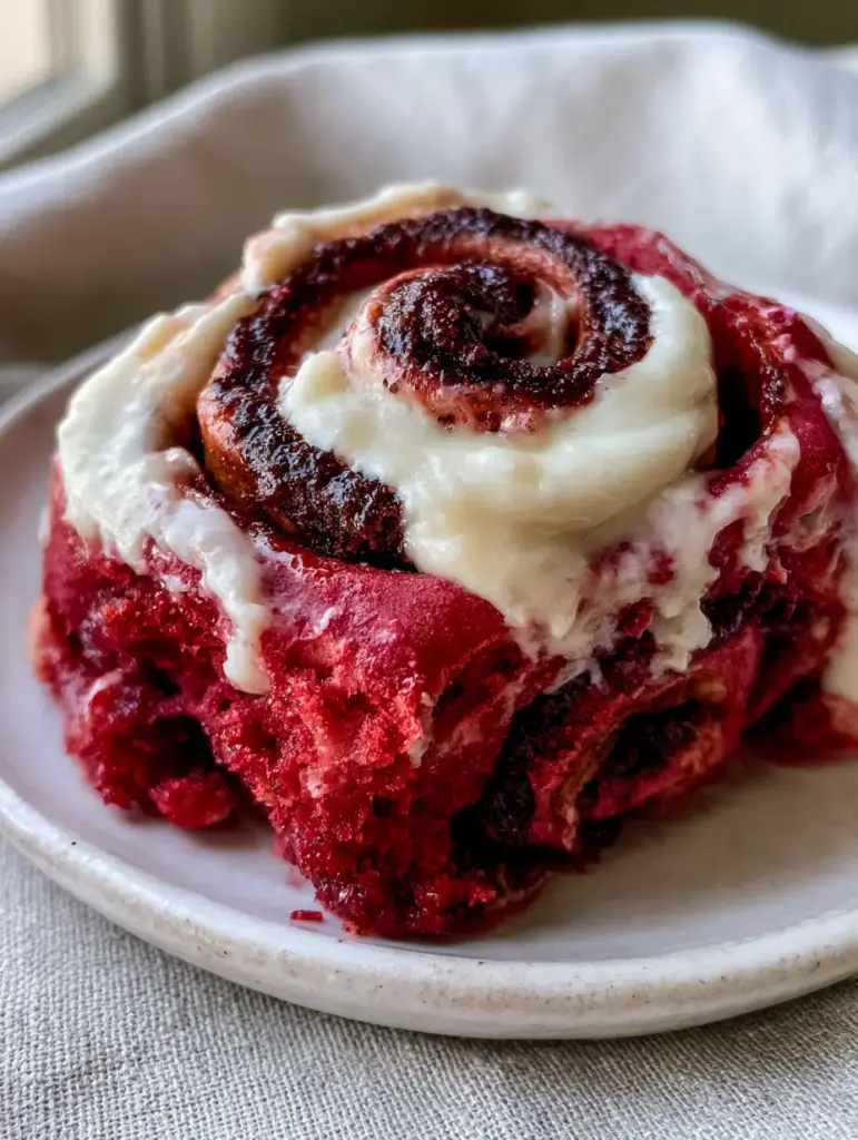 Macro shot of a red velvet cinnamon roll showing the gooey stretch of the crimson dough and ivory icing. (red velvet cinnamon rolls)