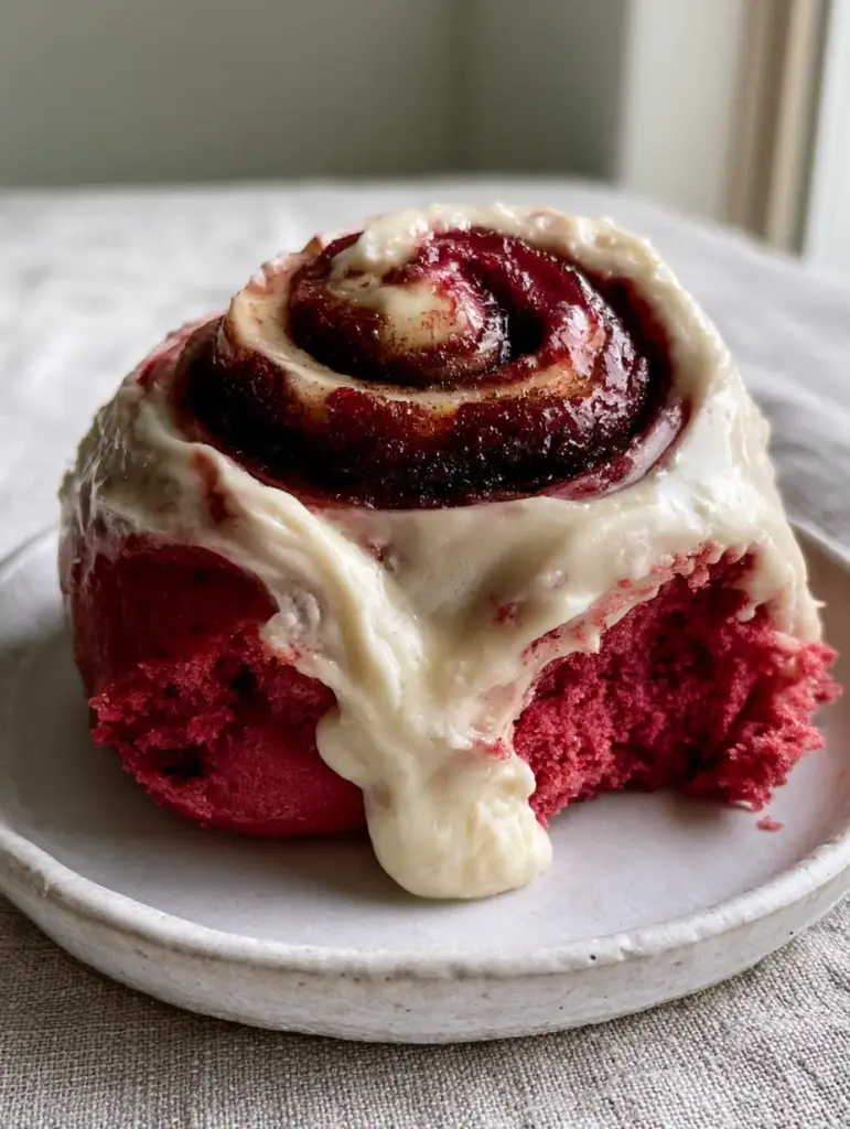 A single red velvet cinnamon roll on a white plate with thick cream cheese icing dripping down the sides.