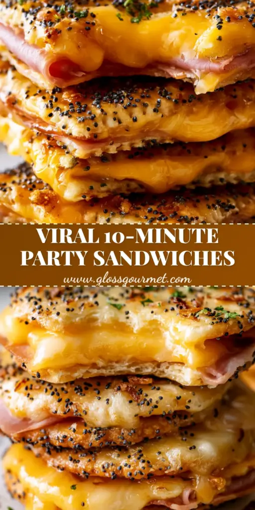 A stack of buttery Ritz Cracker Party Sandwiches with melted cheddar and honey ham on a white stone surface. (Ritz Cracker Party Sandwiches)