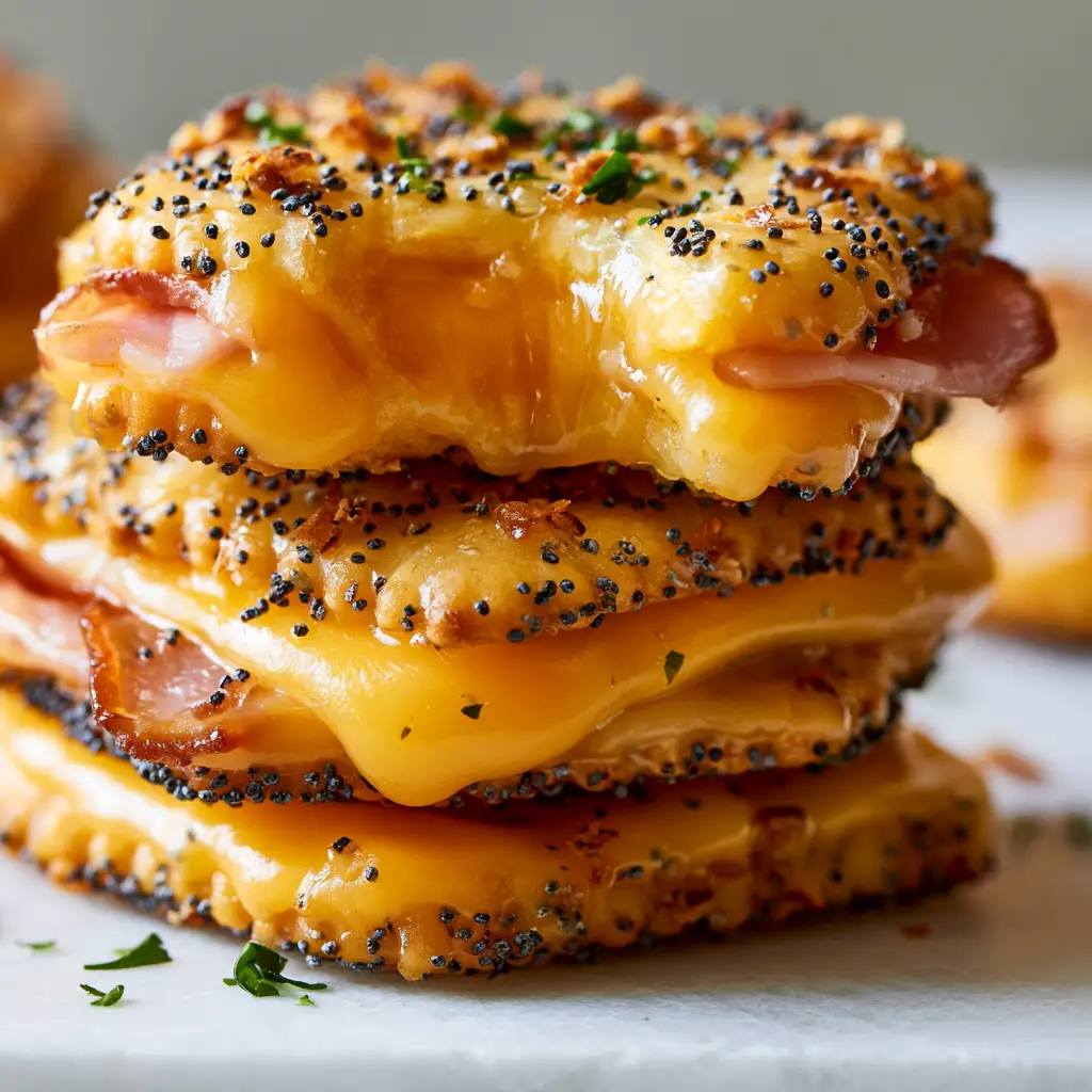 Macro close-up of a Ritz cracker sandwich with a bite taken out, showing gooey melted sharp cheddar and honey ham ribbons. (Ritz Cracker Party Sandwiches)