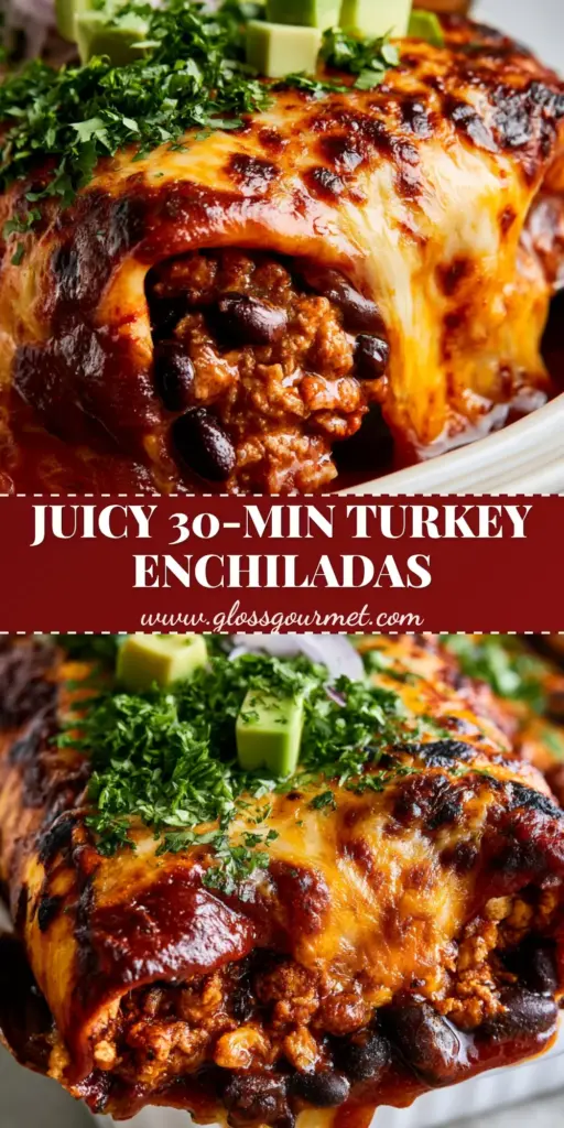 A close-up of Ground Turkey Black Bean Enchiladas with a long cheese pull and glossy red sauce.