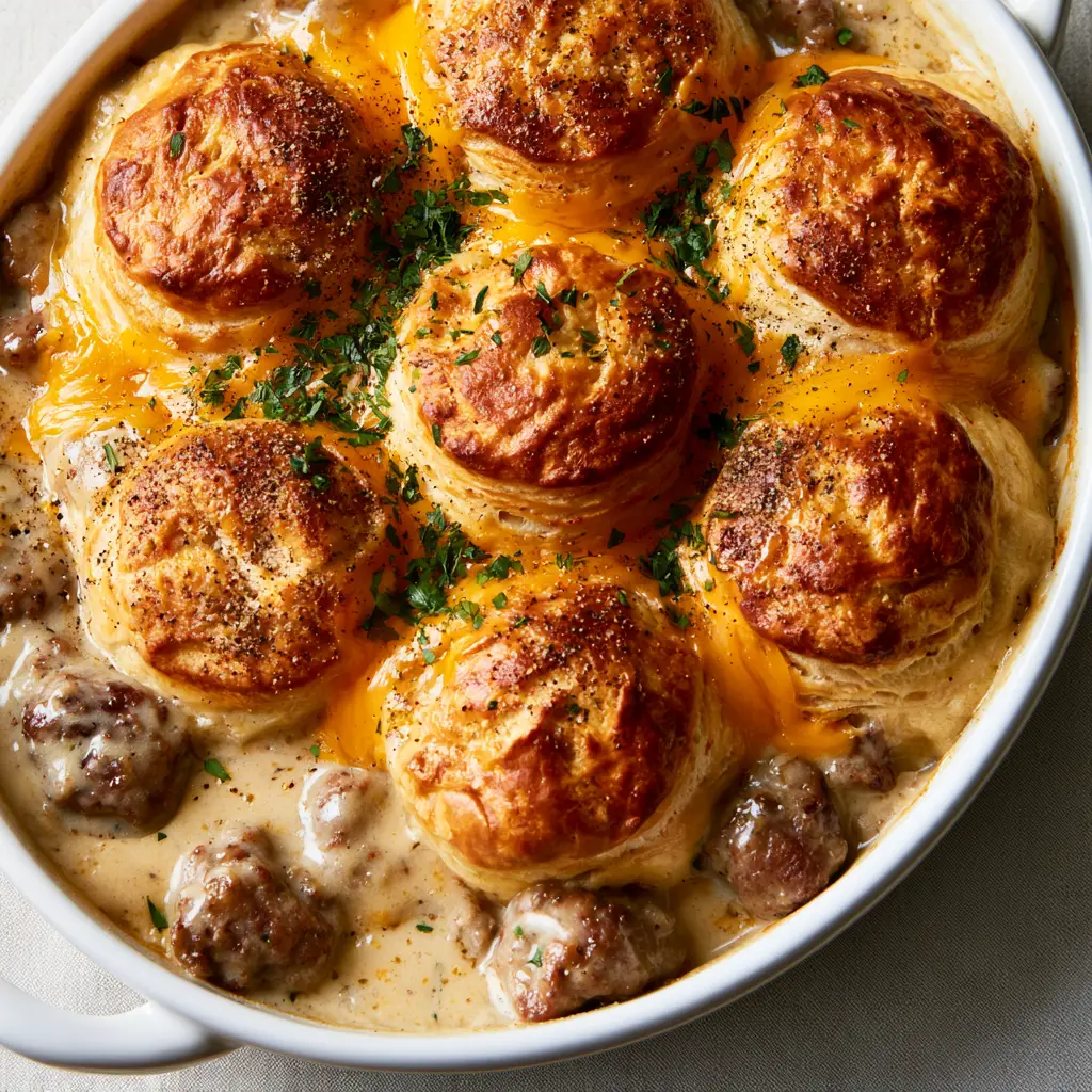 Close-up view of flaky buttermilk biscuits topping a thick sausage gravy (biscuits and gravy breakfast casserole).