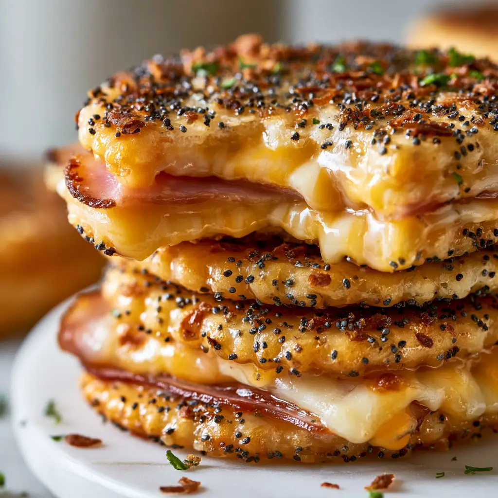 Detailed shot of Ritz Cracker Party Sandwiches glistening with a butter glaze, poppy seeds, and dried onion flakes.