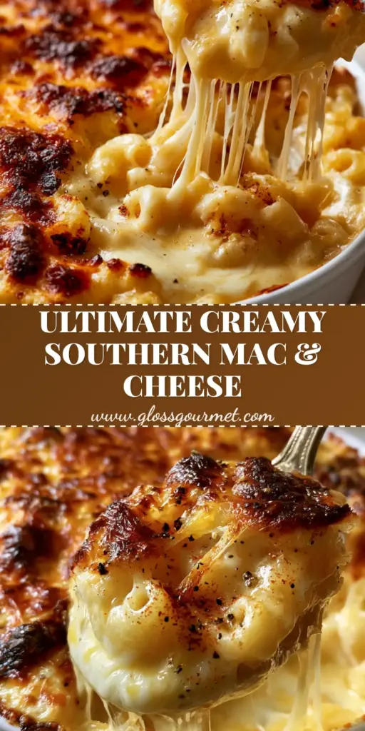A close-up of Creamy Baked Macaroni and Cheese being scooped with a spoon, showing a bubbly golden-brown crust and long mozzarella cheese pull.