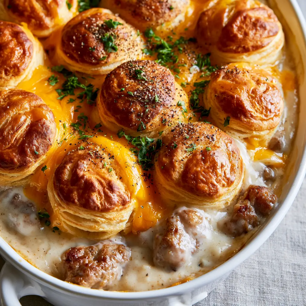 Overhead shot of a biscuits and gravy breakfast casserole with coarse black pepper and fresh parsley garnish.