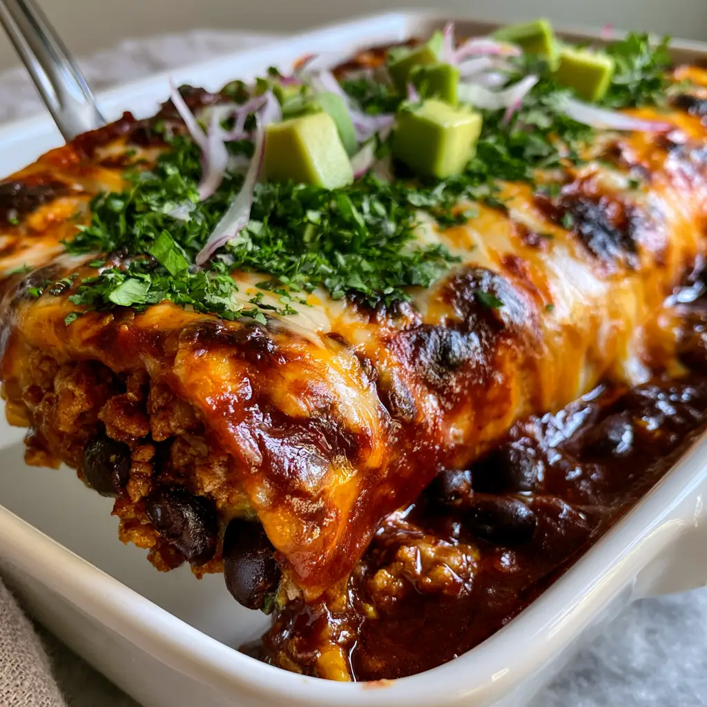 Overhead view of bubbling Ground Turkey Black Bean Enchiladas with avocado and cilantro garnish.