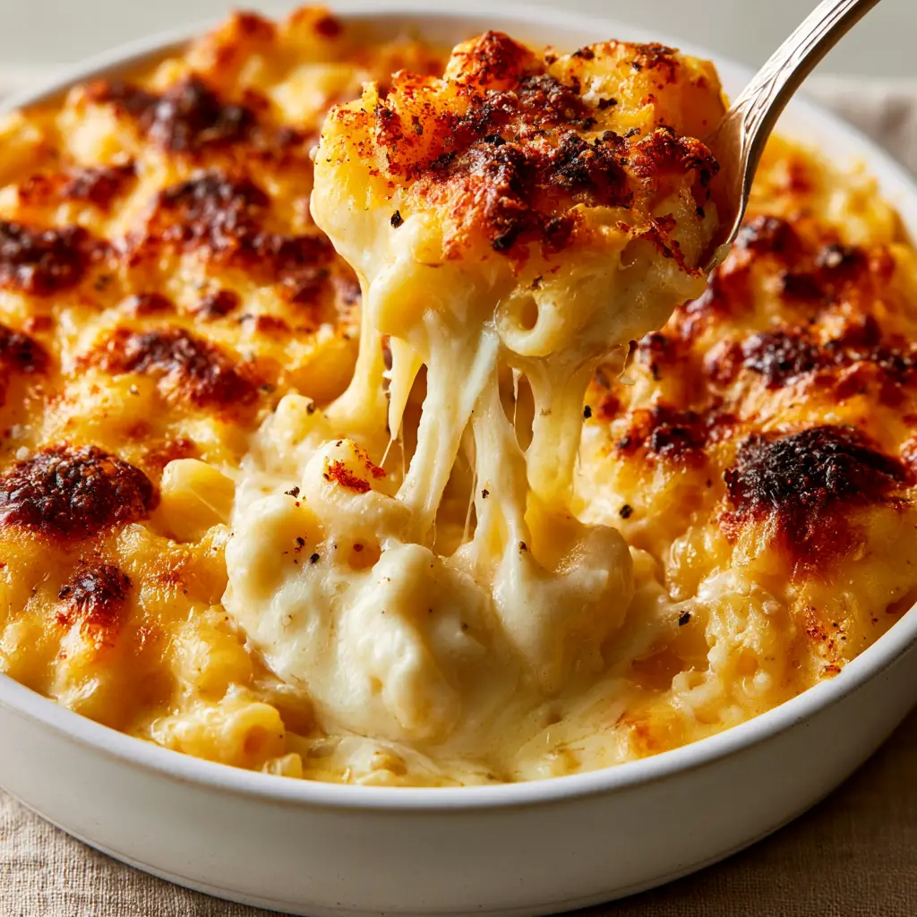 A deep scoop into Creamy Baked Macaroni and Cheese showing layers of melted Gruyere ribbons and specks of black pepper and smoked paprika.