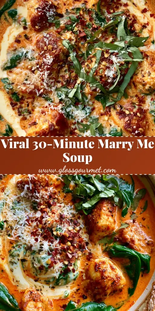 A rustic bowl of Marry Me Chicken Soup with golden chicken, spinach, and cream swirls. (Marry Me Chicken Soup)