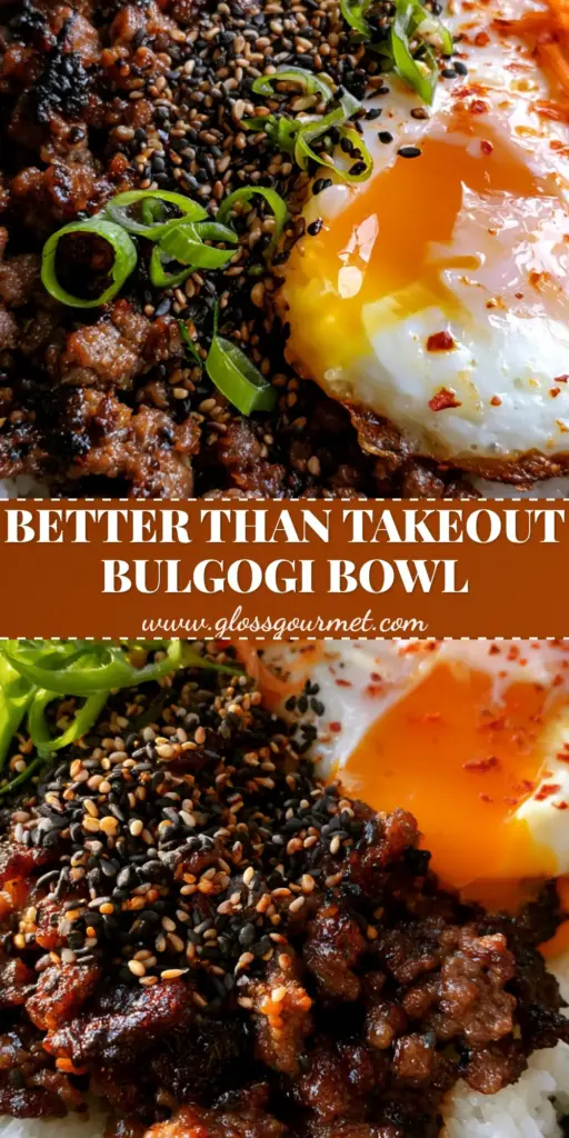 A top down view of a Korean Bulgogi Beef Bowl featuring caramelized ground beef, a runny fried egg, and fresh julienned carrots. (Korean Bulgogi Beef Bowl)