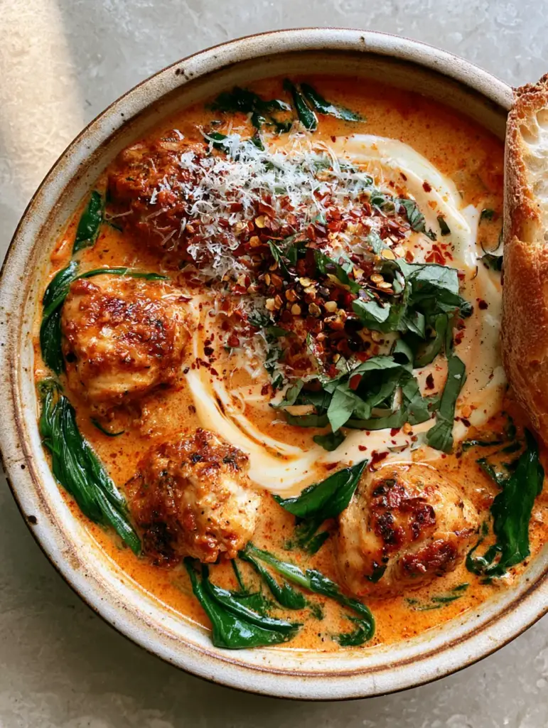 Close up of creamy Marry Me Chicken Soup showing spinach and parmesan cheese texture.