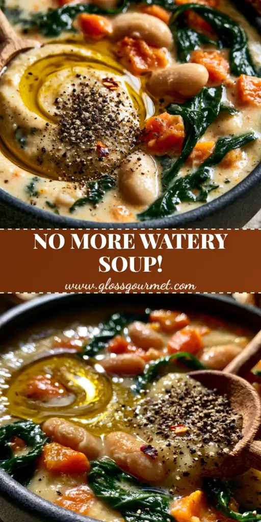 A close-up vertical shot of a hearty bean soup in a charcoal bowl with kale, carrots, and an olive oil swirl, served with toasted sourdough bread.