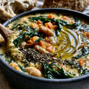 Extreme macro close-up of thick hearty bean soup showing cannellini beans, orange carrots, and ribbons of kale under a shimmering olive oil swirl.