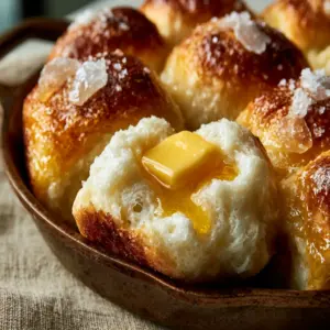 Close up photo of fluffy pull-apart dinner rolls showing the soft interior crumb and melting butter pat.