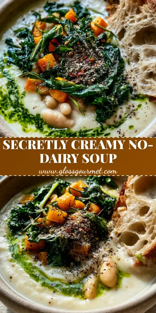 A rustic bowl of creamy white bean vegetable soup topped with kale ribbons, roasted carrots, and a sourdough slice. (white bean vegetable soup)