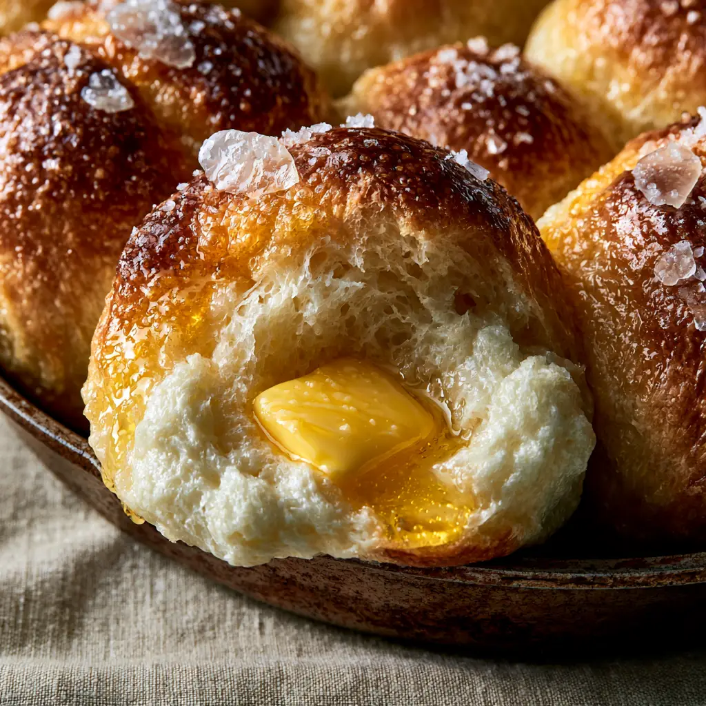 A batch of freshly baked dinner rolls in a rustic cast iron skillet with large sea salt crystals on top.