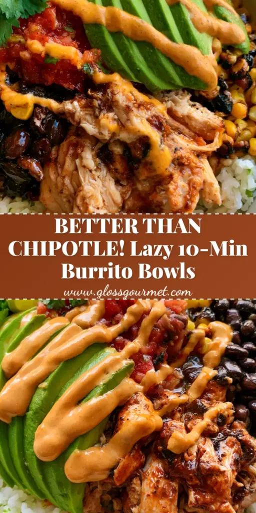 A vibrant chicken burrito bowl in a white ceramic bowl featuring juicy shredded chicken, charred corn, and avocado slices with a chipotle drizzle.