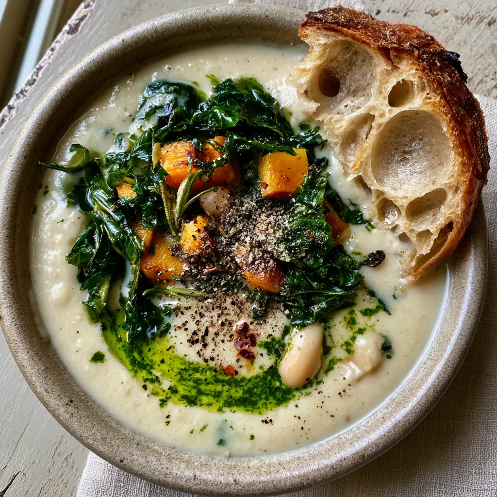 A ceramic bowl filled with white bean vegetable soup featuring dark green kale and roasted orange carrots.