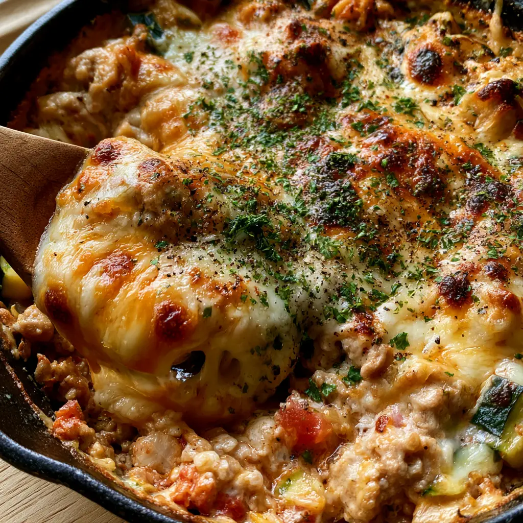 Cheesy Ground Turkey Casserole with Zucchini and Fire-Roasted Tomatoes 2 Top-down view of Cheesy Ground Turkey Casserole featuring toasted mozzarella and cheddar crust with fresh parsley.