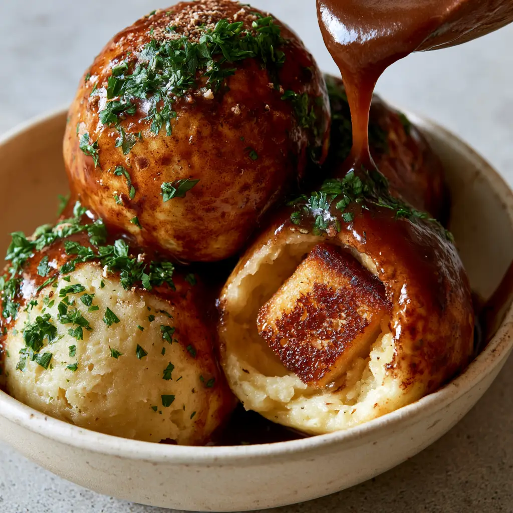 German Potato Dumplings: The Ultimate Authentic Recipe (Kartoffelklöße) 2 Three spherical German Potato Dumplings nestled in a rustic cream bowl with glossy dark mahogany beef gravy.
