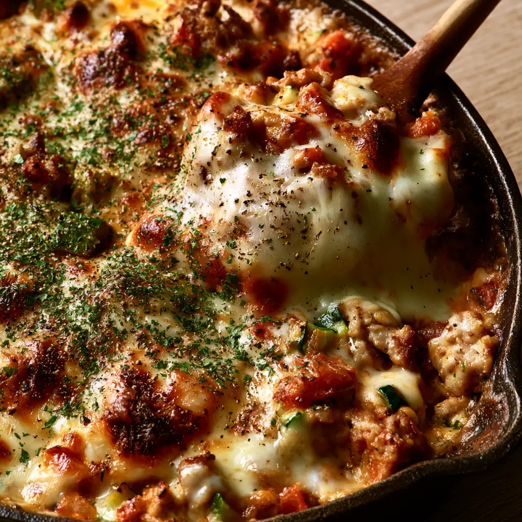 Cheesy Ground Turkey Casserole with Zucchini and Fire-Roasted Tomatoes 1 Angled shot of seared ground turkey, fire-roasted tomatoes, and zucchini under a layer of melted cheese.