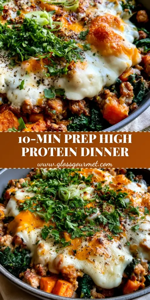 A gourmet High Protein Ground Turkey Casserole in a charcoal cast iron skillet featuring melted mozzarella, cheddar, and roasted sweet potatoes.