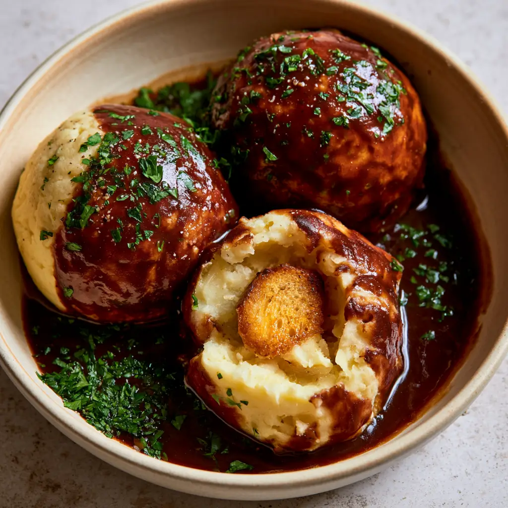 German Potato Dumplings: The Ultimate Authentic Recipe (Kartoffelklöße) 1 A German Potato Dumpling sliced open to reveal a fluffy yellow center and a toasted sourdough crouton.