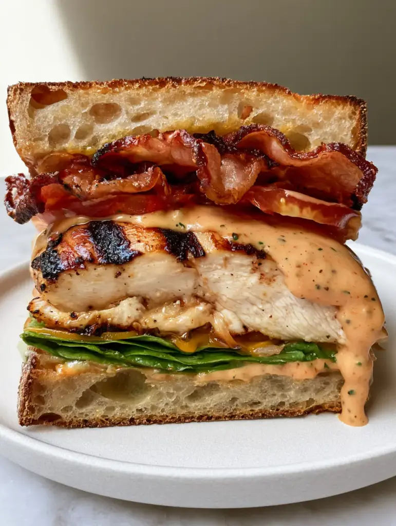 Chicken Club Sandwich: The Ultimate Gourmet Sourdough Guide 1 A close-up of a Chicken Club Sandwich on a matte white plate with a marble background, highlighting the dripping orange secret sauce.