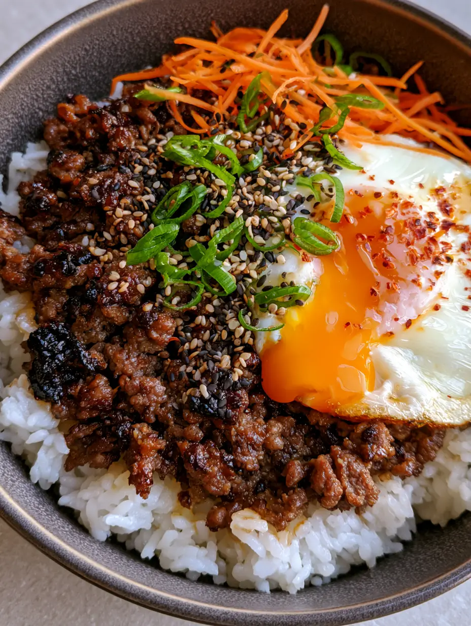 Extreme close up of charred ground beef bulgogi with a soy glaze and toasted sesame seeds. (Korean Bulgogi Beef Bowl)