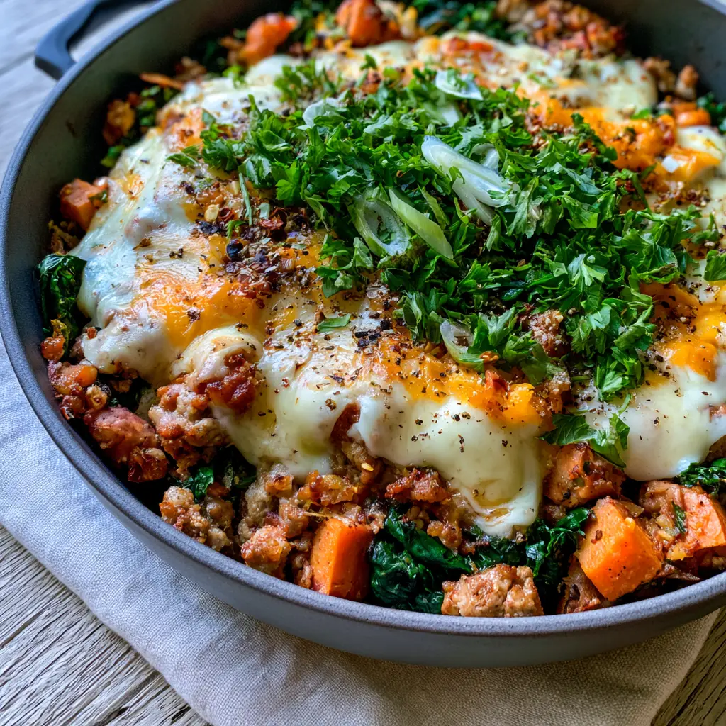 Close up of High Protein Ground Turkey Casserole showing the texture of seared turkey and roasted sweet potatoes under melted cheese.