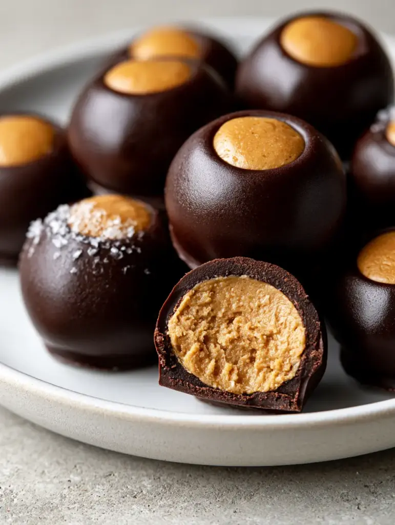 Close up of Buckeyes peanut butter balls showing the rich dark chocolate coating and flaky sea salt crystals.