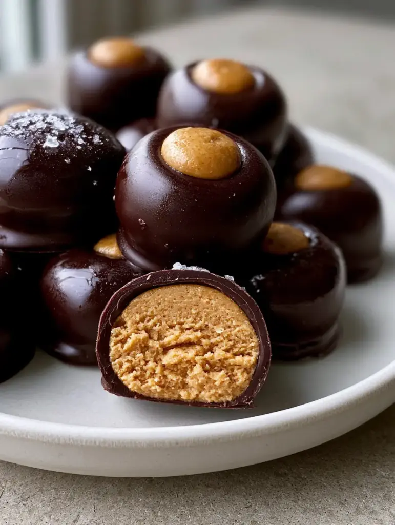 Buckeyes: The Ultimate Creamy Peanut Butter and Dark Chocolate Candy 1 Eye-level shot of Buckeyes on a modern ceramic plate with a cross-section revealing no air pockets in the center.