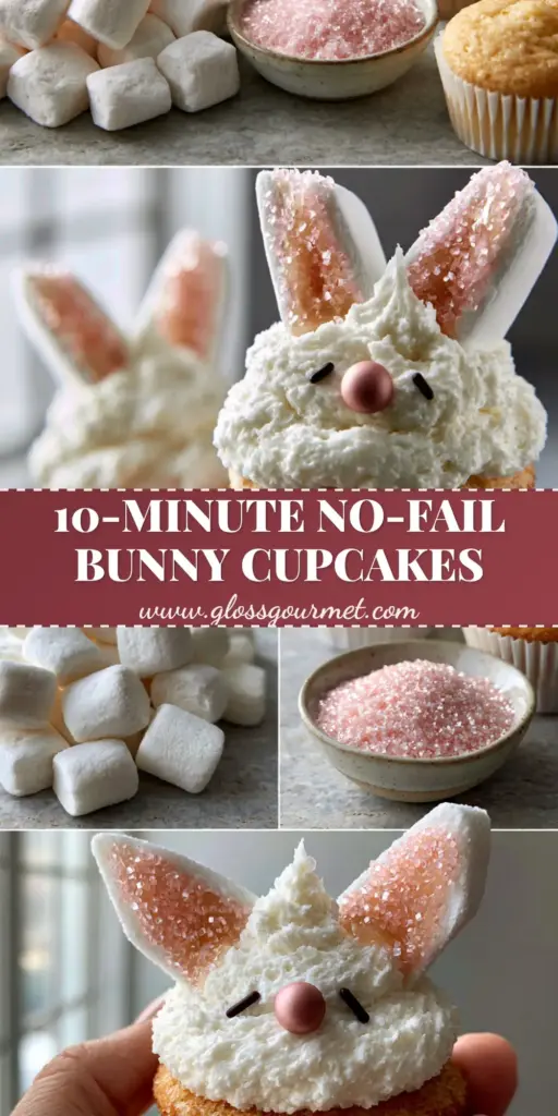 A handheld macro photo of a Bunny Cupcake with white buttercream frosting, marshmallow ears with pink sugar, and a pink pearl nose.