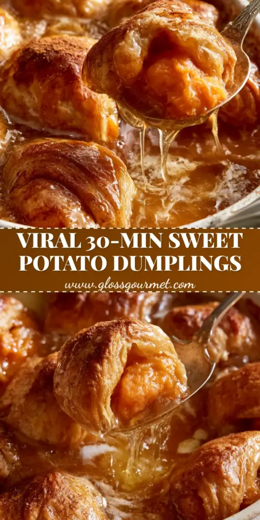 A close-up vertical shot of Sweet Potato Dumplings in a white dish, showing golden-brown crescent pastry, bubbling amber syrup, and a silver spoon lifting a steaming dumpling with gooey strings.