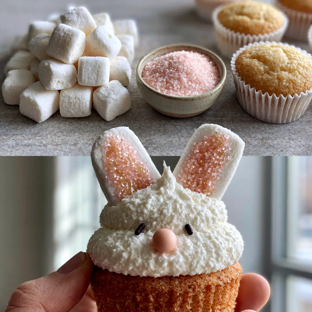 Split screen showing an ingredient grid of marshmallows and pink sugar next to a finished vanilla Bunny Cupcake.