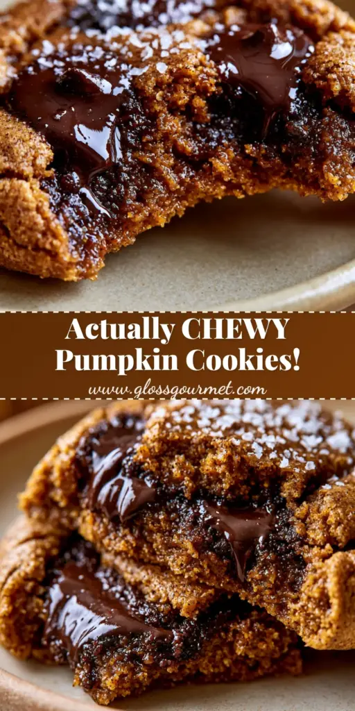 A stack of warm pumpkin chocolate chip cookies featuring melted dark chocolate puddles and flaky sea salt.