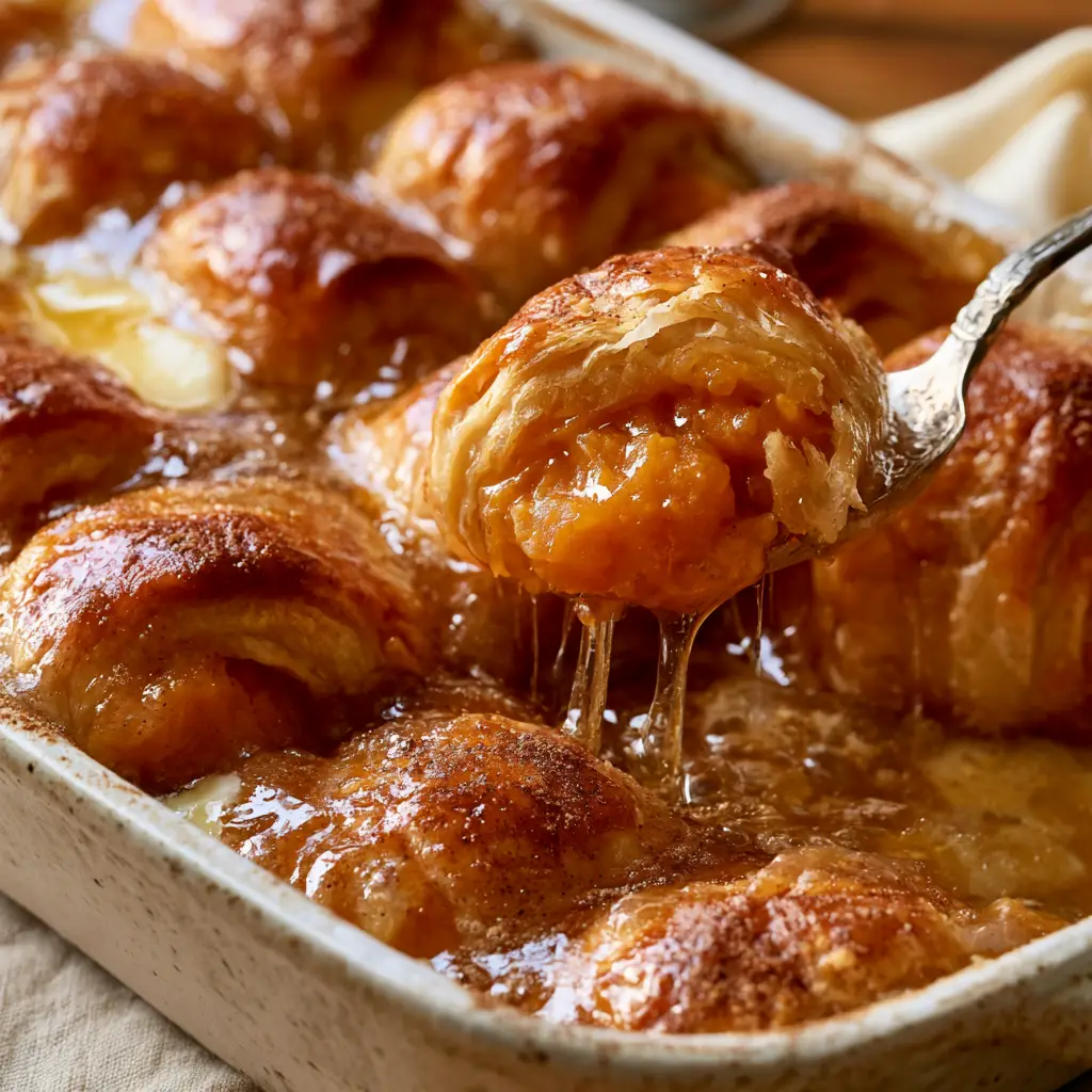 Extreme close-up of Sweet Potato Dumplings submerged in a thick, bubbling brown sugar and cinnamon glaze in a rustic white ceramic dish.