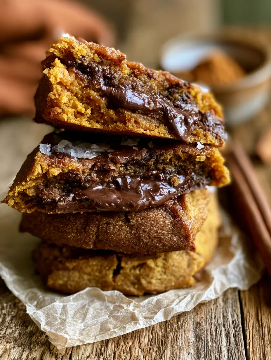 Pumpkin Cookies with Fudgy Centers and Melting Chocolate Chunks 3 Close-up macro of a broken pumpkin cookie revealing a dense, orange-gold interior and oozing chocolate. (pumpkin cookies)