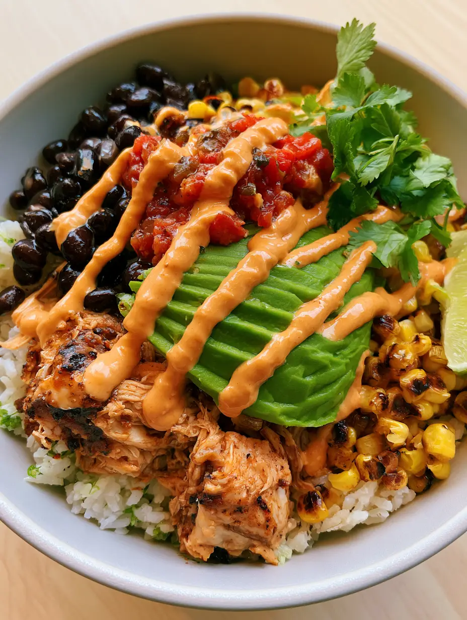 Top-down view of a chicken burrito bowl with glossy black beans, red tomatoes, and orange chipotle sauce.