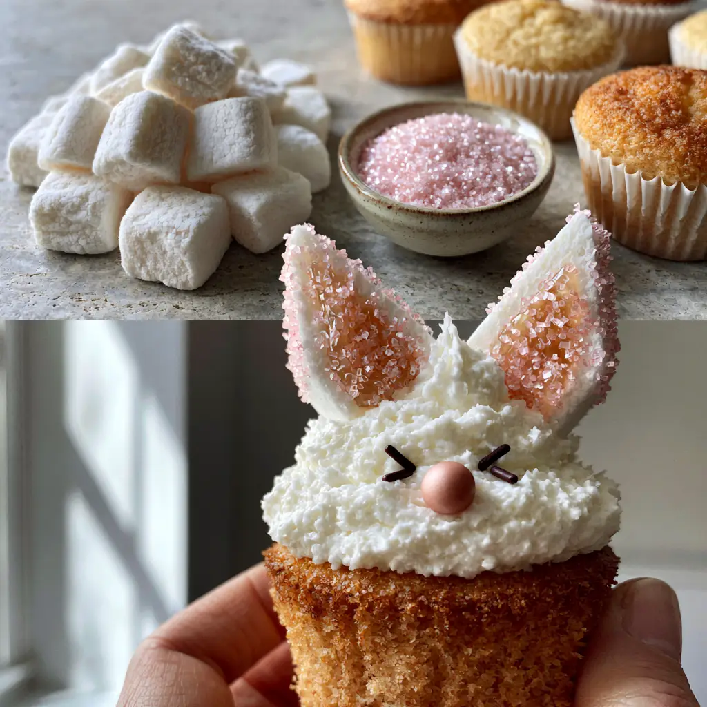 Close up of the shimmering pink sanding sugar on marshmallow ears for Bunny Cupcakes.