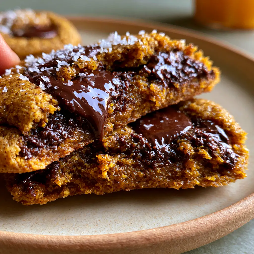 A macro close-up of a warm pumpkin chocolate chip cookie being pulled apart, showing a dense fudgy center.