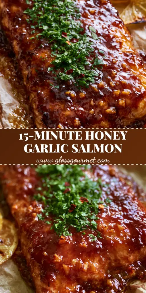 Honey Garlic Baked Salmon: The Ultimate Sticky, Caramelized Masterpiece 4 A top-down view of a thick, flaky Honey Garlic Baked Salmon fillet on parchment paper, topped with bubbling amber glaze, parsley, and charred lemons.