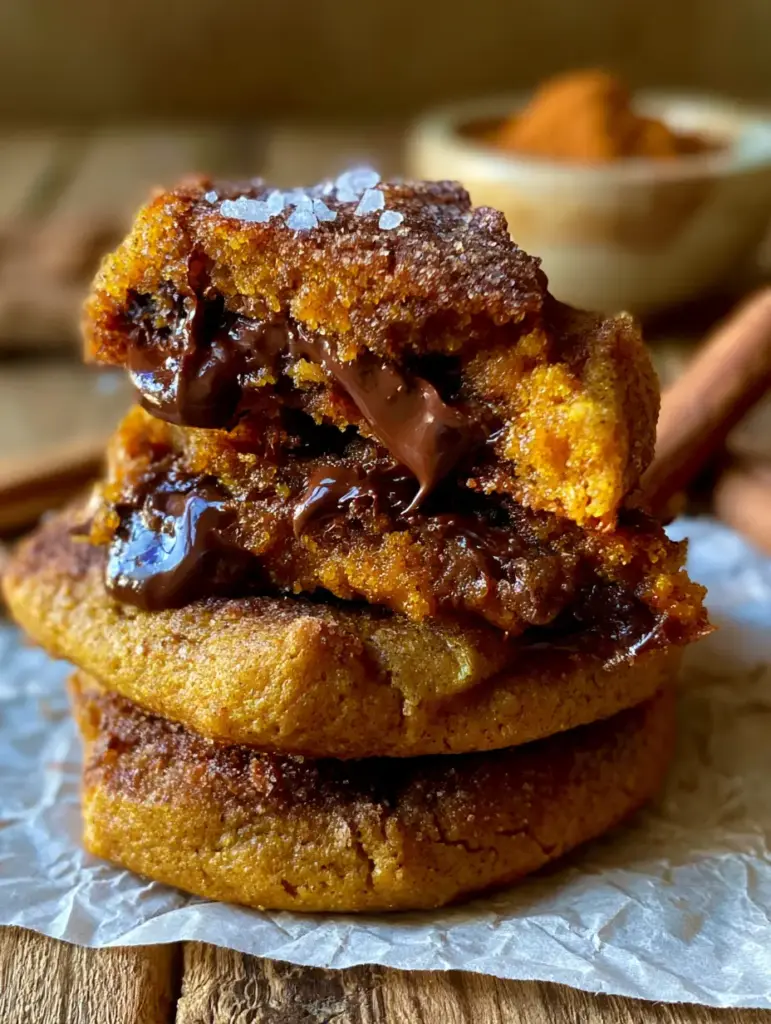 Pumpkin Cookies with Fudgy Centers and Melting Chocolate Chunks 1 Stack of thick pumpkin cookies with golden crinkled edges and glistening chocolate puddles.