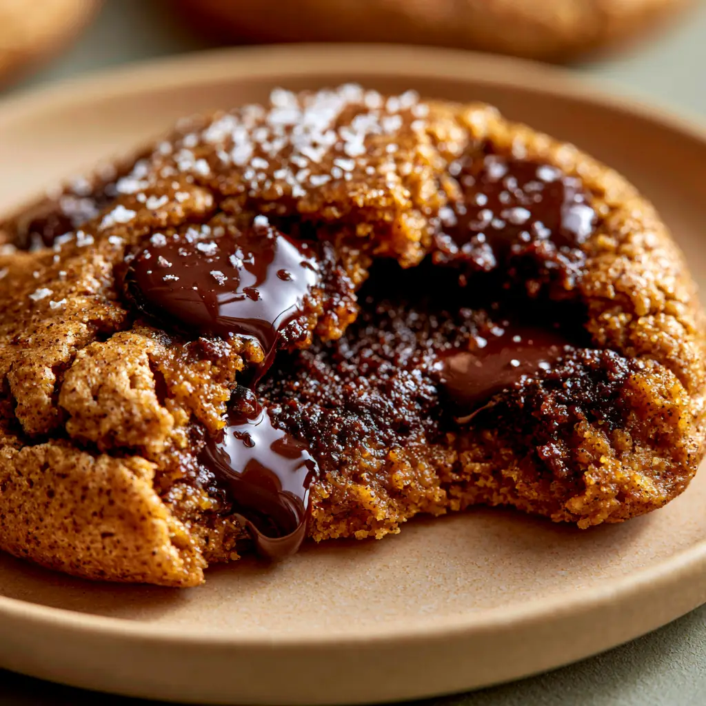 Top down view of pumpkin chocolate chip cookies with glistening chocolate puddles and flaky salt.